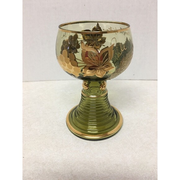 VINTAGE GERMANY" FRANKFURT" OLIVE GREEN GOLD GOBLET ETCHED ENCRUSTED - Picture 2 of 6